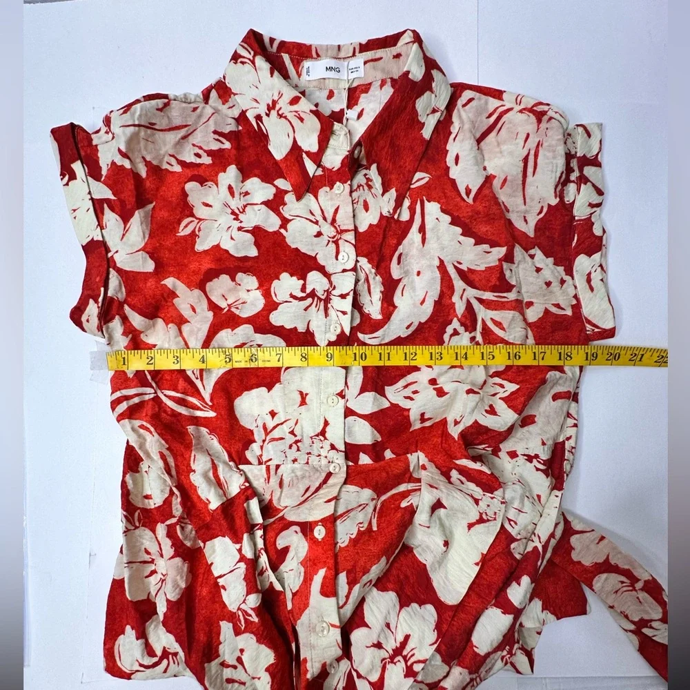 Mango Floral Shirt Dress Women’s Size Small Red Beige Bow Button Up Collared New